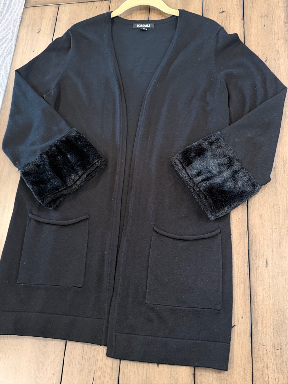 Roz & Ali Black Open-Front Cardigan with Faux Fur Cuffs #693